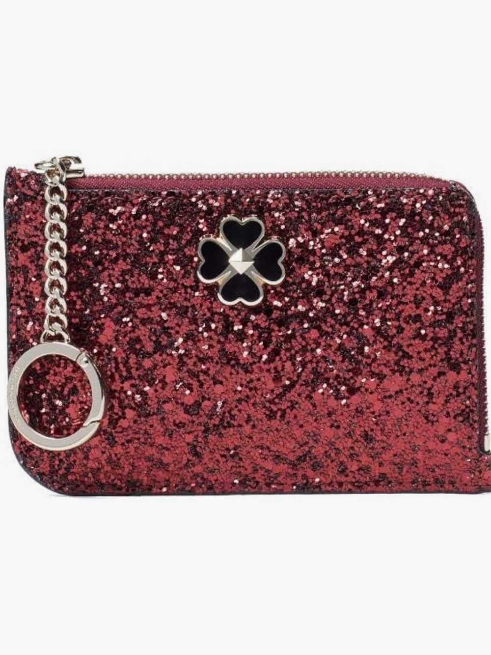 Kate Spade Glitter Card Case with Clover Charm. Zipper pull. Card pockets